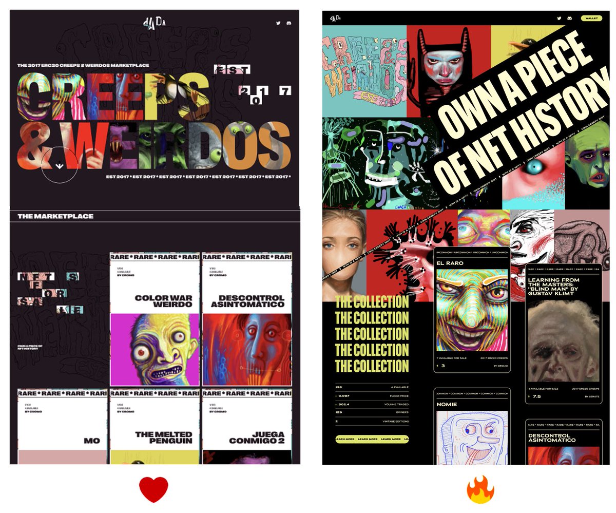 PowerDada's tweet photo. Completely unscientific poll: These are the two designs we’re considering for our revamped @dadacreeps marketplace. We love em both. So, which one? Vote ❤️ for 1 and 🔥for 2 in the comments. https://t.co/uWte1hlb8J