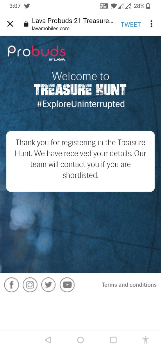 @LavaMobile Done team.
Registered for the Treasure Hunt!

#ExploreUninterrupted 
#ProbudsTreasureHunt #Probuds #LavaMobiles #ProudlyIndian
@LavaMobile 

@prashpatel_ 
@DrSujit_IITB 
@Gayathrimohan_ 
@Sagar2612 
@Deepaadhan3