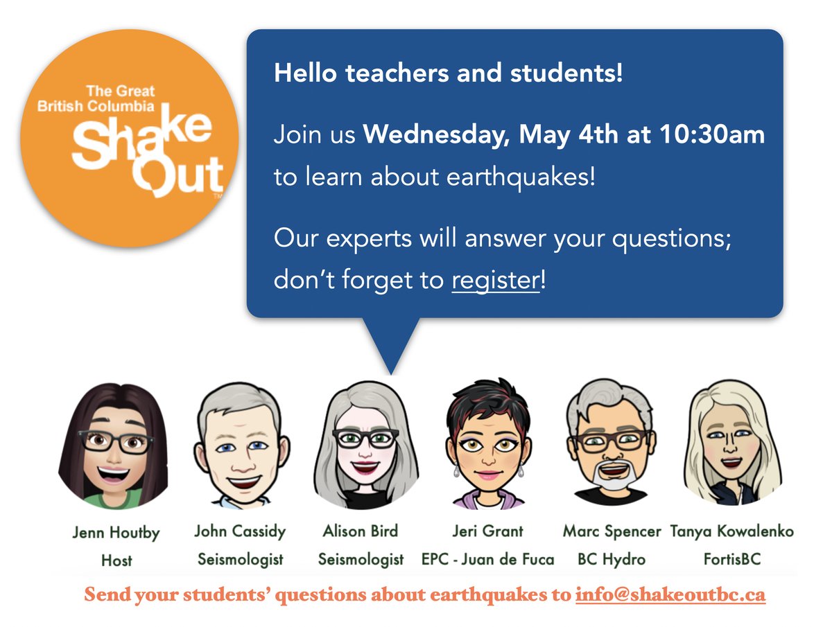ShakeOutBC's tweet photo. Join us for an kid-friendly earthquake webinar on Wednesday May 4th from 10:30am - 11:30am PT . This session is geared for students Grades 3 - 6, but all are welcome. Registration is required - https://t.co/mJI5mBDHnj https://t.co/TWzlQvBy8W