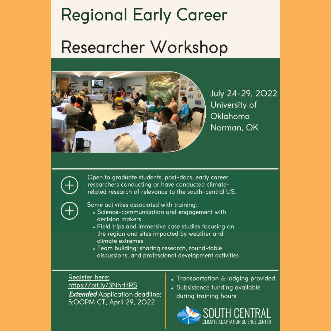 sc_casc's tweet photo. DEADLINE EXTENDED! Accepting applications through Friday, April 29th, 2022 at 5:00 pm central. 
https://t.co/rrD4hg1o45 

#scicomm #professionaldevelopment #Interdisciplinary #ActionableScience #ClimateJustice #ScienceCommunication #Speakers #Discussions #TeamBuilding #Fieldtrips https://t.co/VIWkQbrcJI