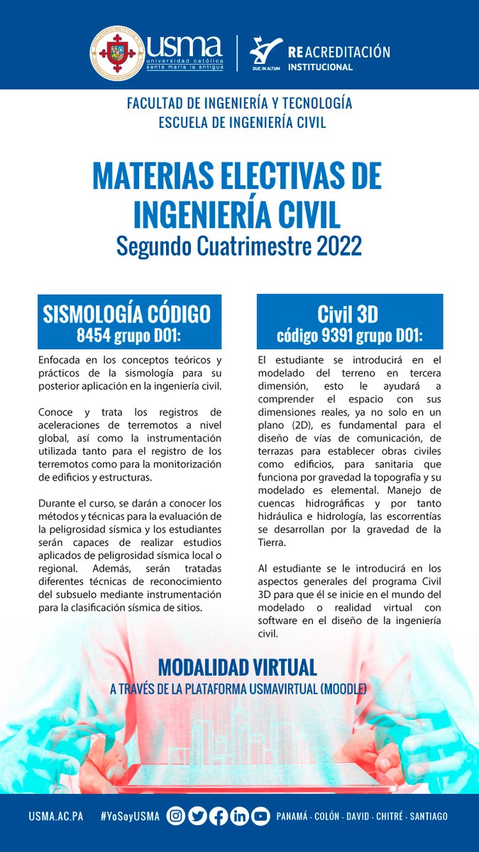 USMApanama's tweet photo. 👩🏫 Conoce las materias electivas que ofrece nuestra escuela de Ingeniería Civil.
#AEICUSMA #Civil https://t.co/dIwFwQX7Mm