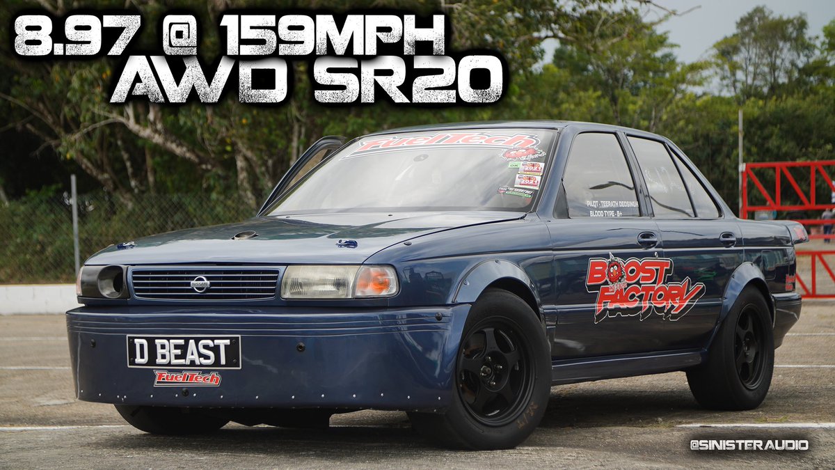 SinisterAudio's tweet photo. New AWD Stick Shift record; Nissan B13 Sentra SR20 ..... 8.79 @ 159mph. 

#nissan #sr20 #vvl #awd #awdarmy #b13 #4cyl #trinidad #nyce1s #n1s #8secondclub #boostfactory #fueltech #ft600 https://t.co/Ez1TGQgerR
