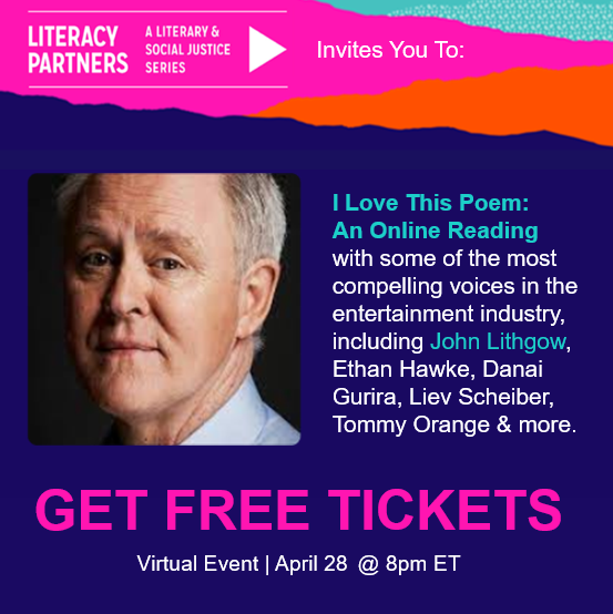 LitPartners's tweet photo. Join John Lithgow for I Love This Poem: An Online Reading on Thursday, April 28 at 8:00pm ET. Get Tickets HERE: https://t.co/JIVS74WGQX
#LiteracyPartners #racialjustice #socialjustice #ilovethispoem #wordsshapeourworld #backbypopulardemand #poetrymonth #johnlithgow https://t.co/By0kmSSV8E