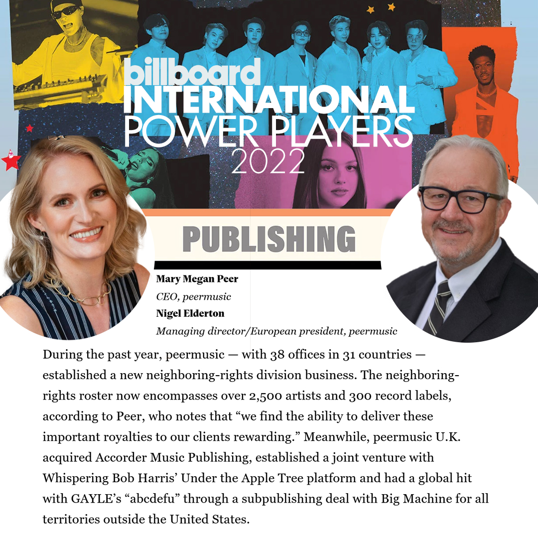 Congratulations to peermusic CEO <a href="/MaryMeganPeer/">Mary Megan Peer</a> and European President/<a href="/peermusicUK/">peermusic UK</a> MD Nigel Elderton (<a href="/MusicmanUK1/">Nigel Elderton</a>) on making <a href="/billboard/">billboard</a>'s 2022 International Power Players List!
➡️blbrd.cm/Xve0OfP