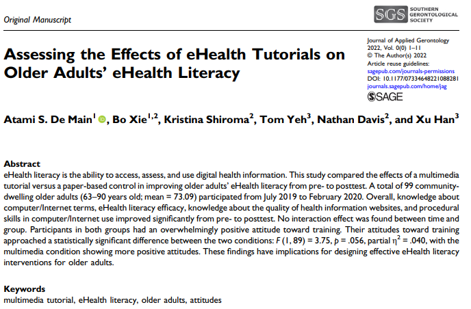 SGS_JAG's tweet photo. NEW! "Assessing the Effects of #eHealth Tutorials on Older Adults’ eHealth Literacy" just published!
Read and share now: https://t.co/dR5aC94Z1G
#eHealthliteracy #agingtech #ageingtech #olderadults #gerotwitter https://t.co/uQkV311rjU