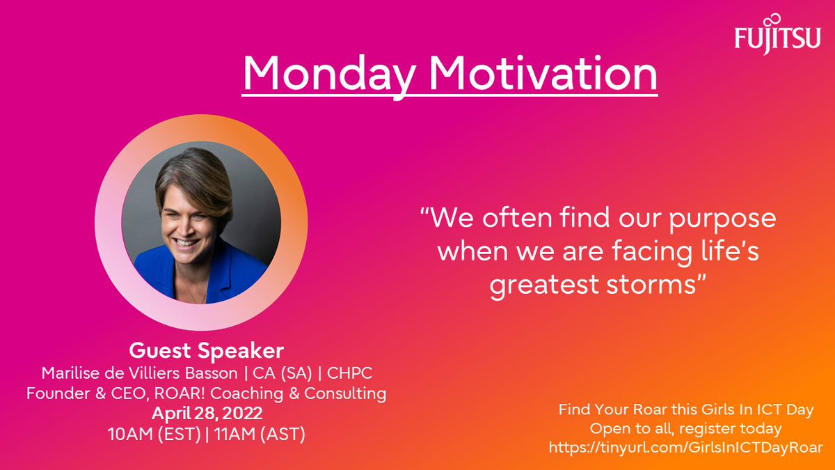 AndrewD246's tweet photo. Today's #MondayMotivation is from Marilise de Villiers Basson.

"We often find our purpose when we are facing life's greatest storms"

Join @Fujitsu_Carib on April 28, 2022 at 10:00am (EST) to hear how you can find your ROAR.

Register NOW >> https://t.co/Nu36LmUXVv https://t.co/mErmRbwYBo