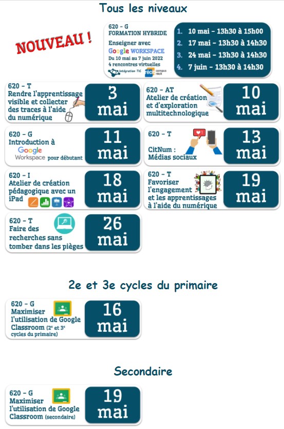 L'équipe des CP TIC vous présente ses prochaines formations disponibles sur ENA durant le mois de mai. (L'inscription est réservée aux enseignants du CSSMB.)
ena.csmb.qc.ca/Web/MyCatalog?…