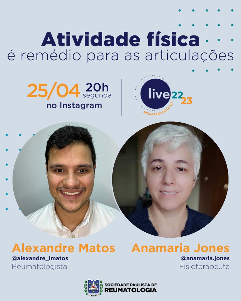 reumatologiasp's tweet photo. Daqui a pouco, às 20h, acontece mais uma #LiveSPR! O tema será "Atividade física é remédio para as articulações" com os especialistas Alexandre Matos e Anamaria Jones. 

Anote suas dúvidas e participe! 

#reumatologiasp #atividadefisica #reumatologista #exercíciofisico https://t.co/VCQWrroM85