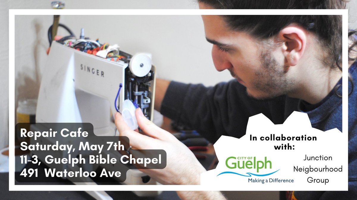 GToolLibrary's tweet photo. Our next Repair Café will be on Saturday May 7 from 11 to 3 at the Guelph Bible Chapel (491 Waterloo Ave). This event is in collaboration with the Junction Neighbourhood Group and City of Guelph. https://t.co/utqCZ9QBXJ