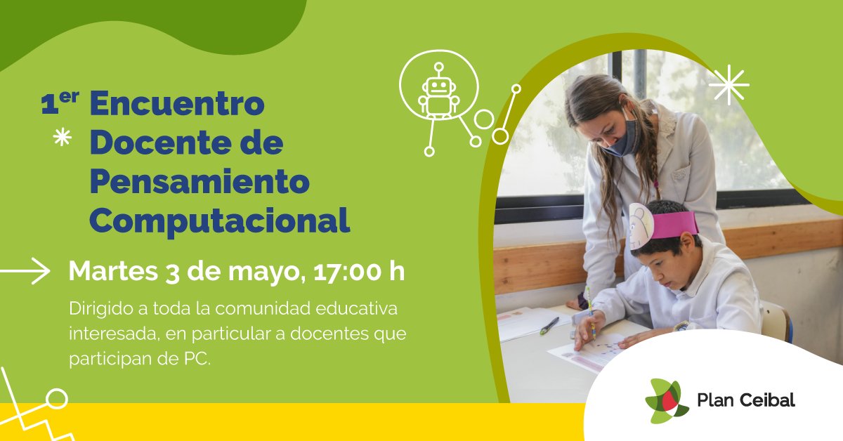 ana_perezespagn's tweet photo. La semana que viene tendremos el 1er Encuentro docente de #PensamientoComputacional del año 🦾

💡abordaremos las propuestas pedagógicas, implementación en el aula y novedades 2022

📅 3 de mayo 17 horas - virtual
🔗 inscripciones: https://t.co/QAHFA2TAf4 https://t.co/r5dkxVqfT2