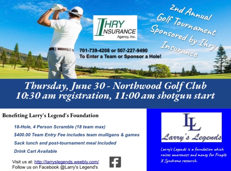 Little over two months away from our 2nd Annual LL golf scramble sponsored by Ihry Insurance!!  Still have room for a few more hole sponsors….let us know if interested in purchasing a hole sponsor #fragilex #findacure #larryslegends