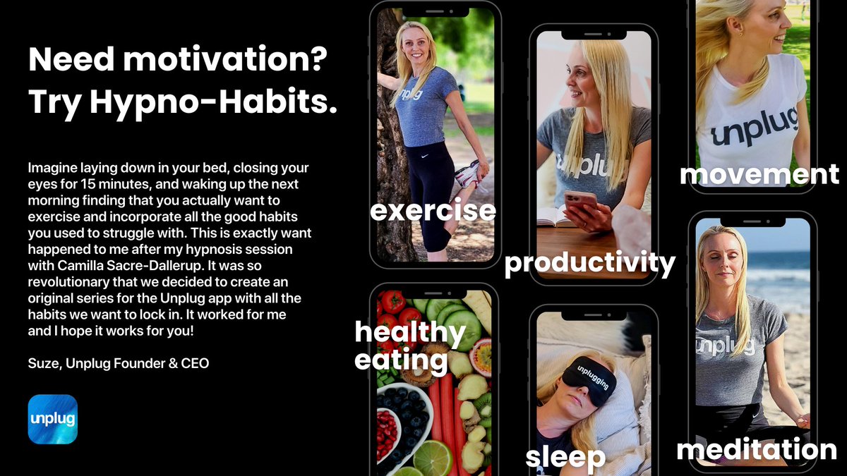 Introducing Hypno-Habits with <a href="/CamillaDallerup/">Camilla Sacre-Dallerup</a> 

A pocket-sized, 15-minute transformation that could change your life forever.

#hypnohabits #hypnosis #meditation #exercise #productivity #movement #healthyeating #sleep #unplug #unplugmeditation