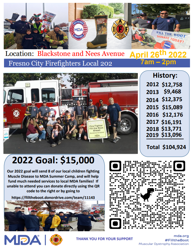 Local202's tweet photo. We are excited to continue our partnership with 
@mdaorg for the #FillTheBoot fundraiser.  Look out for your @fresnofirefighters tomorrow April 26, 2022 at the intersection of Blackstone and Nees Avenue from 7am-2pm #MusclarDystrophy #ALS #Neuromuscular https://t.co/iy6kdcLD1v https://t.co/vcK9V8WXuN