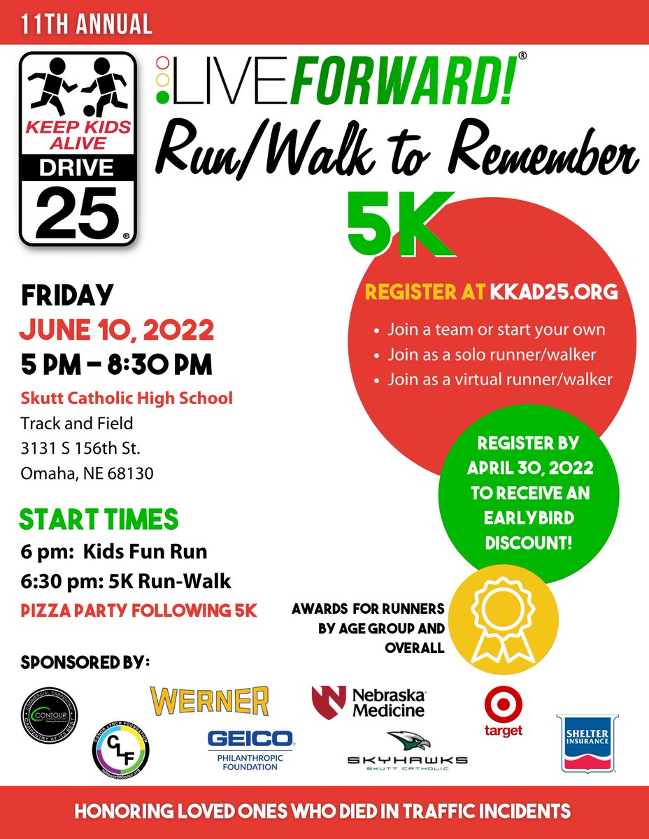 You can join in from anywhere in the world!
On your mark, get set, register for the 11th "Live Forward!" 5K Run-Walk to Remember honoring loved ones who died in traffic incidents. Join/Create a team or register as an individual @ secure.getmeregistered.com/get_informatio…...