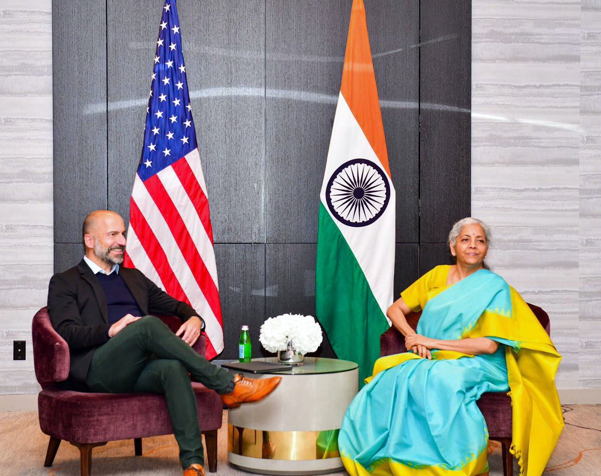 FinMinIndia's tweet photo. Union Finance Minister Smt. @nsitharaman met with @Uber CEO Mr Dara Khosrowshahi @dkhos in San Francisco, today. (1/3) https://t.co/HPFeBzdojq