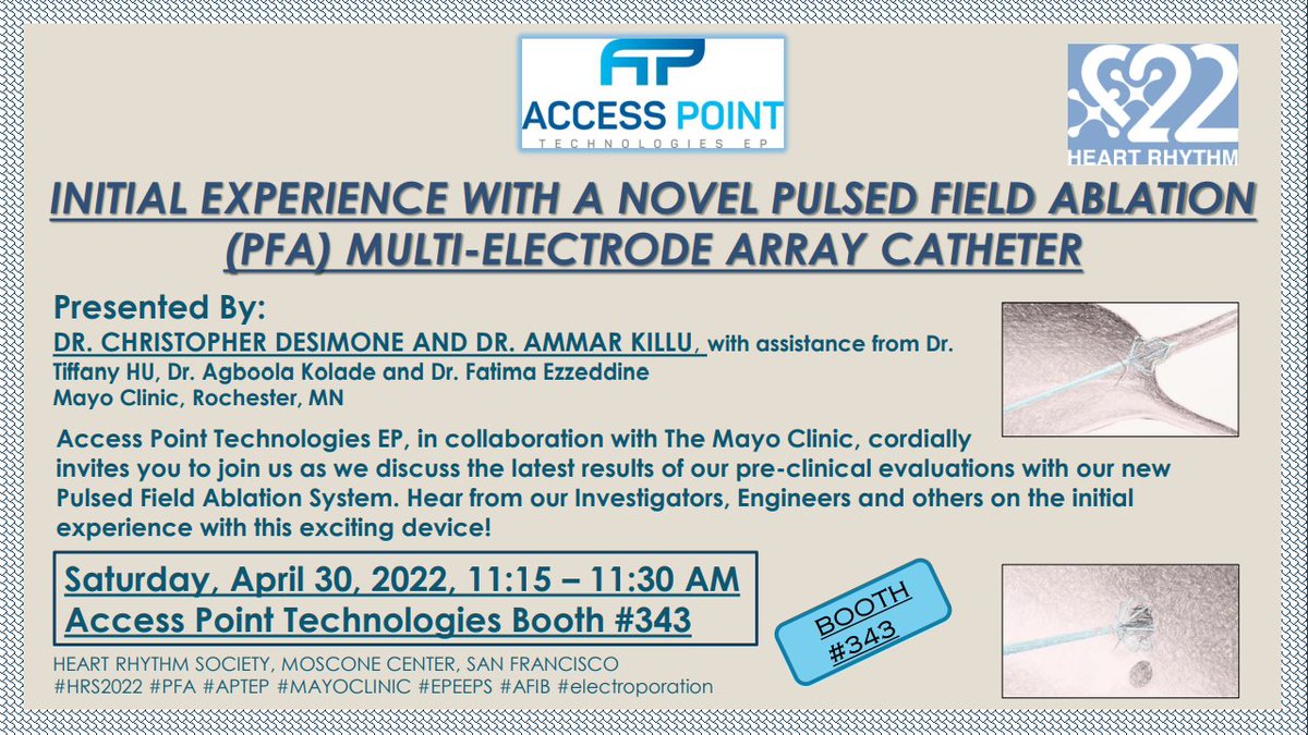 Attending #HRS2022? Dr. Christopher Desimone and Dr. Ammar Killu, &amp; their #MayoClinic colleagues will present our initial experience with a novel pulsed field ablation #PFA multi-electrode array catheter at 11:15am on April 30. Check it out! #EPEEPS #AFIB #electroporation #MapiT