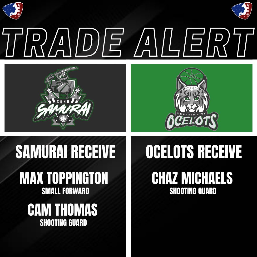 🚨🚨TRADE ALERT🚨🚨

In a… shocking move, the @ECocelots  send Max Toppington AND Cam Thomas to <a href="/SamuraiSoho/">Soho Samurai</a> for Chaz Michael’s. We’ve seen it all folks!