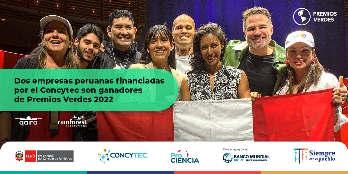 ProcienciaPeru's tweet photo. 👏¡Felicitaciones!
#WiredAmazon y #qAIRA obtuvieron el primer lugar en sus categorías y otros reconocimientos en la 9.a edición de #PremiosVerdes2022, evento internacional que reconoce iniciativas que contribuyen al desarrollo socioambiental.
Conoce más: https://t.co/yRr1Eovn3E https://t.co/zVO0mNDPMy