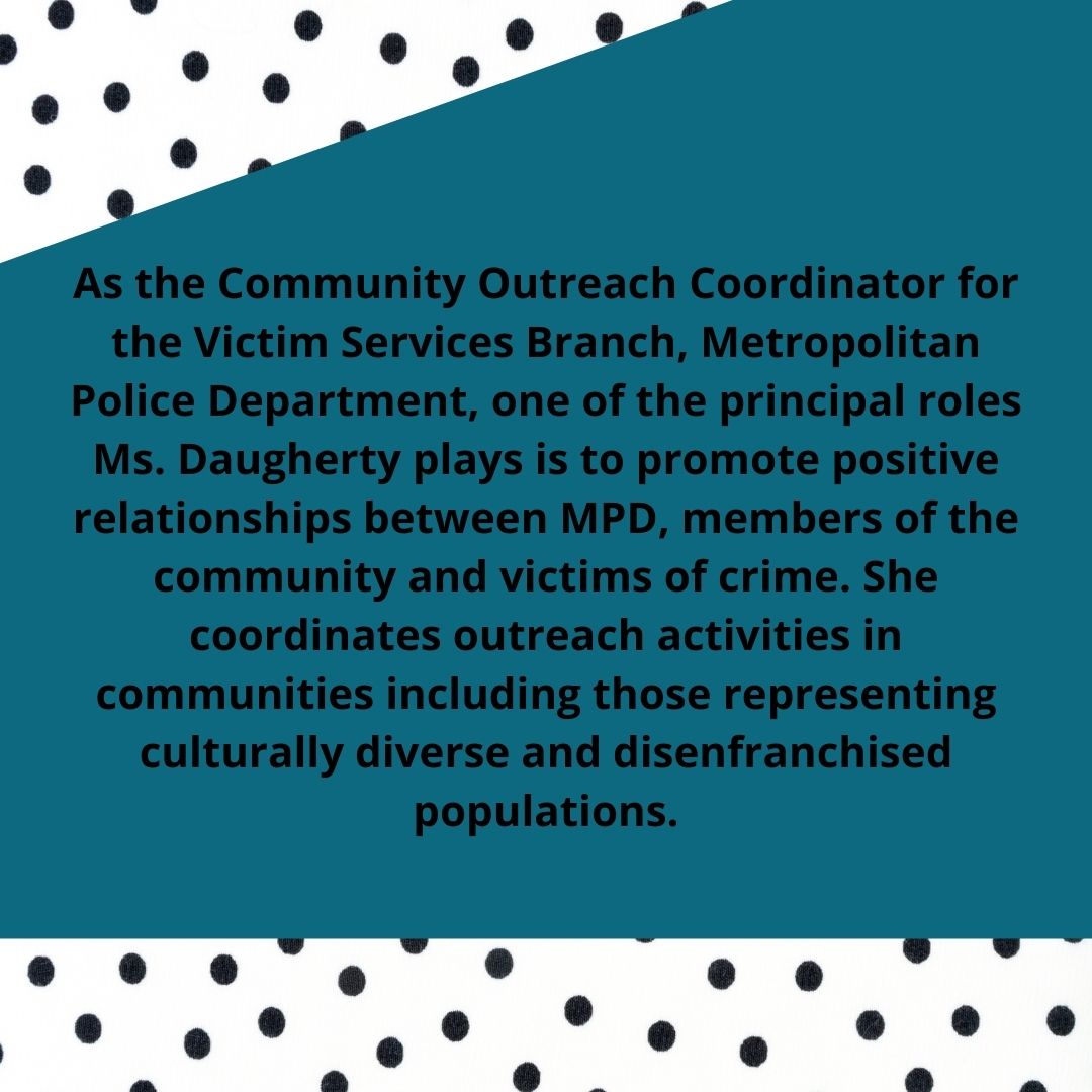 DCPoliceDept's tweet photo. Today we are shining a light on someone who is speaking out in the movement to end sexual violence: Sharon Daugherty.  #SAAM2022 #30DaysofSAAM #Day25 @NSVRC https://t.co/51NXGGayBN