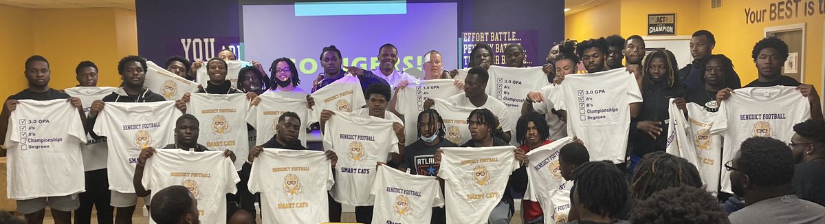 Benedict College Coach Chennis Berry presented Smart Cat shirts to Football Student -Athletes with 3.0 GPA or higher, over 40 presented for the third straight semester