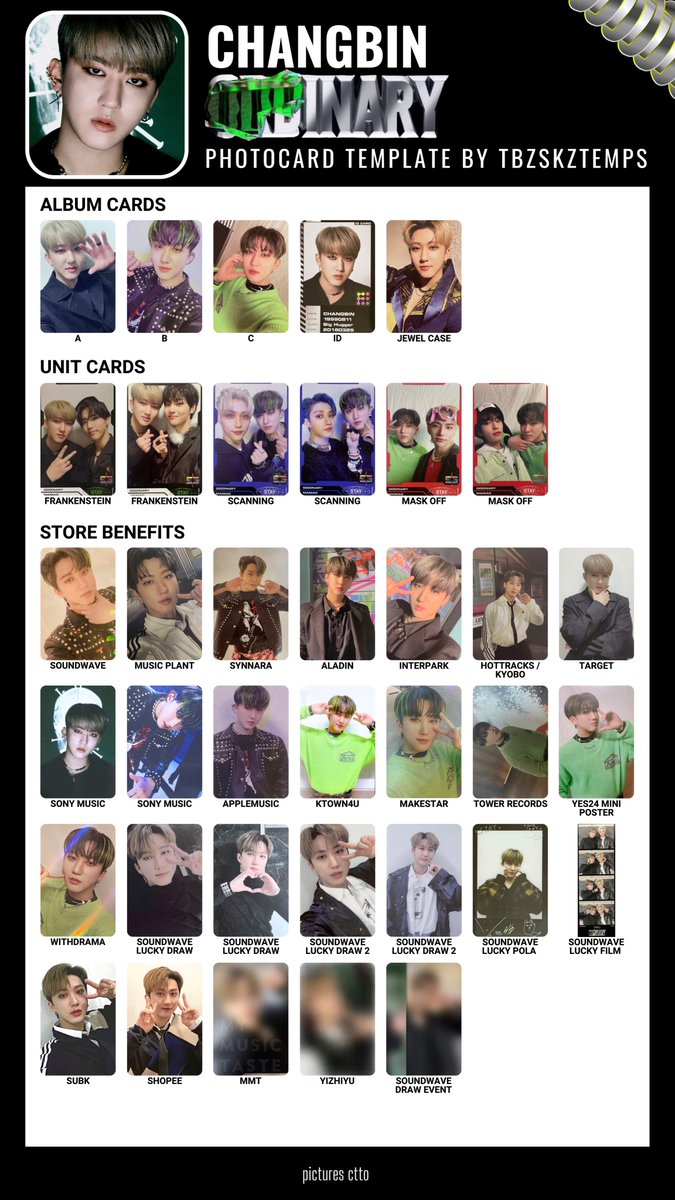 oddinary bang chan, lee know, changbin, hyunjin photocard album +
