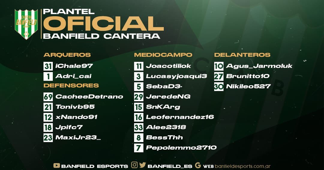 PRESENTACIÓN DE PLANTEL!⚽️🇳🇬

En una nueva temporada del torneo de <a href="/IESAFIFAar/">IESA Argentina</a> estos son los 18 jugadores que representarán a La Cantera y buscarán volver a ascender a la segunda categoría. 

💚 #VamosBanfield
