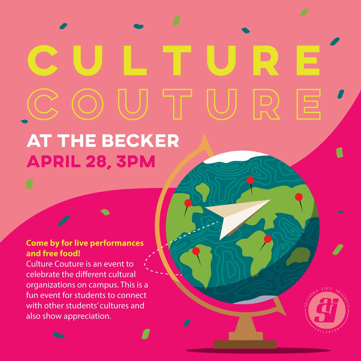 Stop by Culture Couture to learn about different cultures, see live performances, and enjoy some free food!