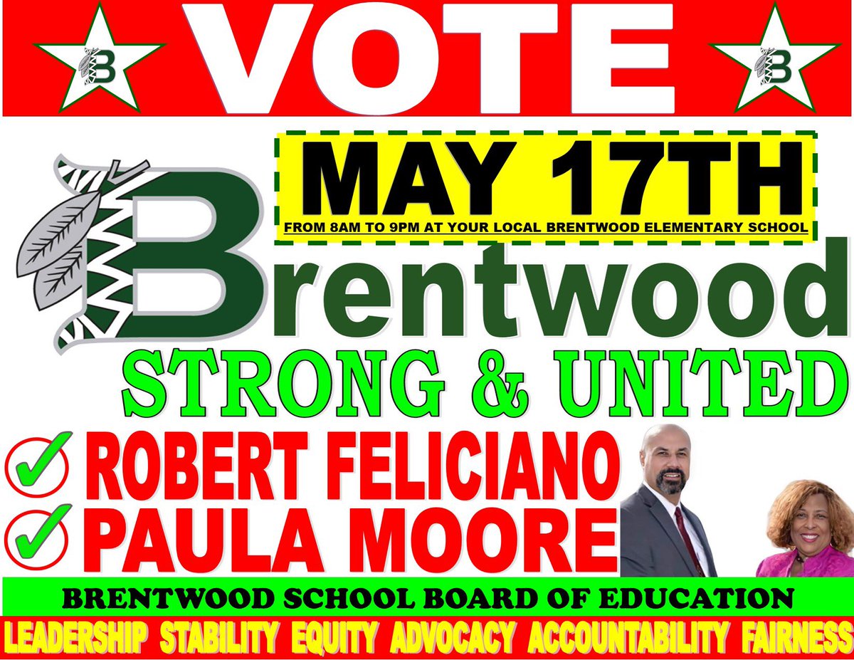 mjprescod's tweet image. 💚📚🎉⭐️Save the Date: The Brentwood Board of Education School Board Candidates and Budget Vote will be May 17th at your local Brentwood UFSD elementary schools from 8am to 9pm. Brentwood Strong and United in support of Robert Feliciano and Paula Moore. Thank you for your suppor