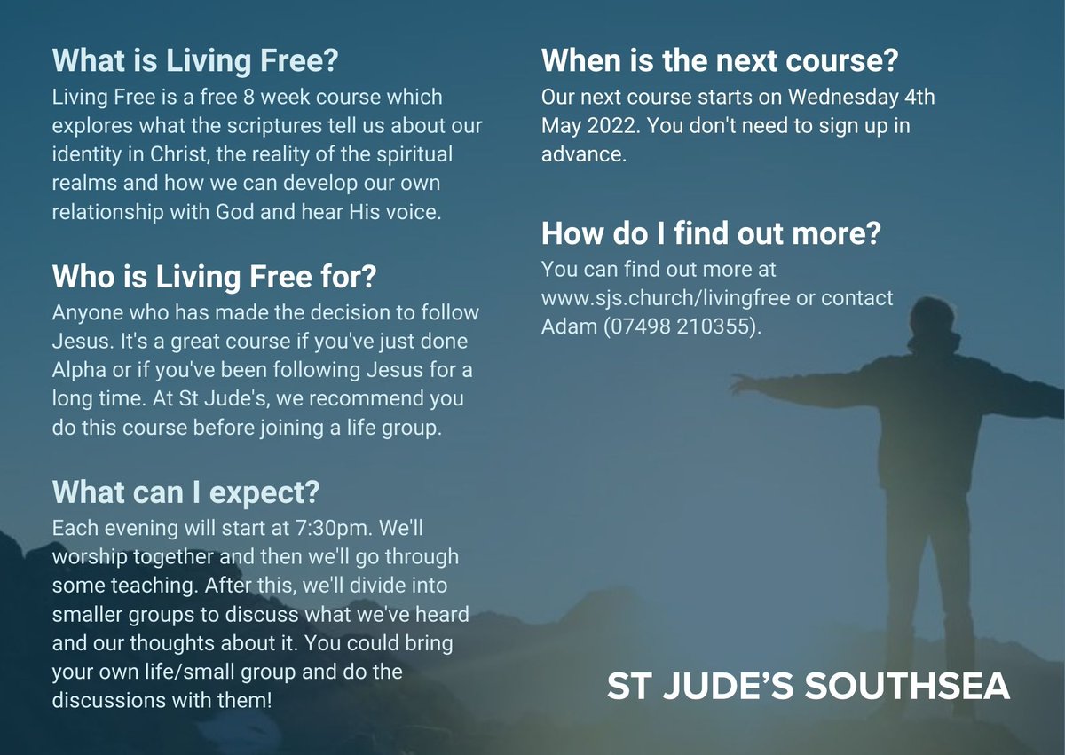 Living Free starts in just over a week (May 4th) and we'd love to invite you to join us regardless of if you call St Jude's your home or not. If you're in a small group, bring them and learn together! Please Share!