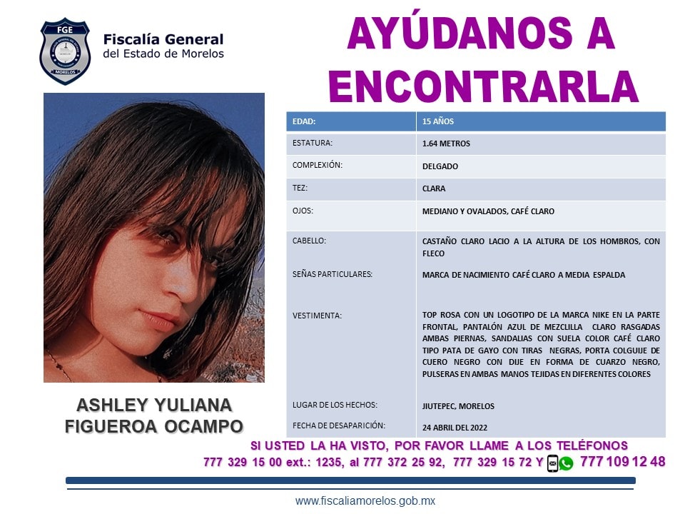 DiariodeMorelos's tweet photo. Solicitamos de su colaboración para localizar a Ashley Yuliana Figueroa Ocampo de 15 años.

#Morelos https://t.co/h8wLul0o2R