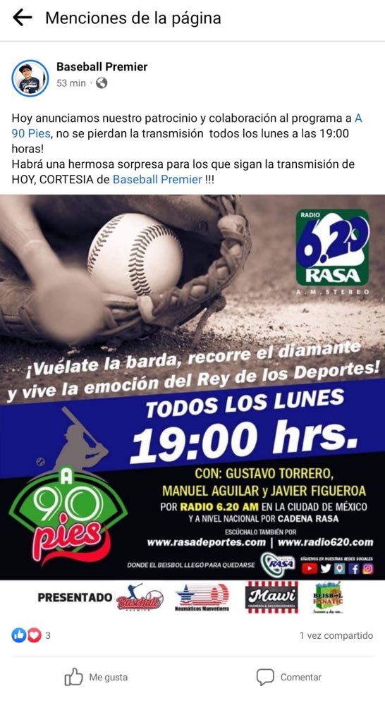 A90Pies's tweet photo. Lunes de #A90Pies con toda la información de todos lo equipos de @LigaMexBeis @MLB además de darle la bienvenida a nuestro nuevo patrocinador @BaseballPremier 

19:00 hrs #Radio620AM @CadenaRasa
#FacebookLive / A 90 Pies / Es Tiempo de Beisbol https://t.co/1Tj4rk7mFz