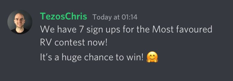 TezosMotors's tweet photo. Join The Most Favoured RV Contest and win great prizes! 
🚗 , 25tz, Winner 🏆 Badge

Add your RV link on our Discord 

https://t.co/eppQiRJCwd

#CleanNFT #tezosnft https://t.co/WEUqbMzpzW