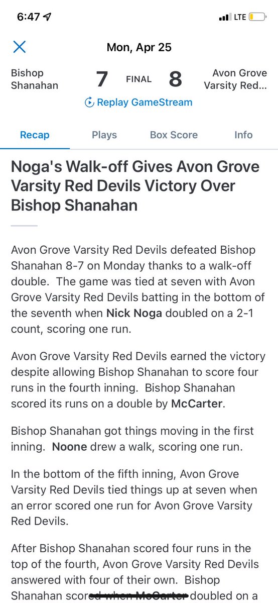 Nick Noga P/ MIF Avon Grove class of 2022 and WCU commit contributing at the plate!  Big walk off double and big win for AG Varsity over Bishop Shanahan.  Go AG Red Devils!  ⁦<a href="/AGRedDevilBB/">Avon Grove Baseball</a>⁩ ⁦<a href="/CoachCarr10/">Jake</a>⁩ ⁦<a href="/Bluerocks_BSBL/">BluerocksNation</a>⁩