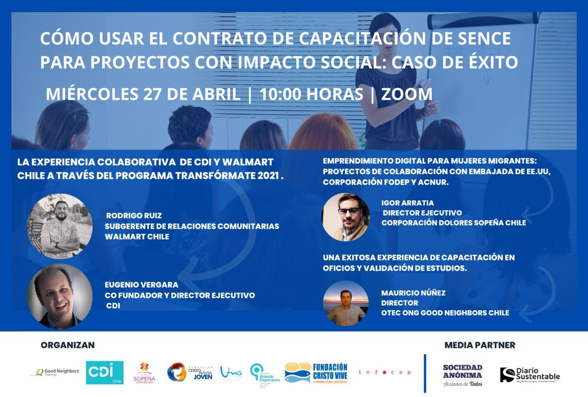 El primer webinar del año de Empresas y Fundaciones se llevará a cabo este miércoles 27 de abril a las 10:00 horas, conoceremos casos de éxito de colaboración 

Inscríbete en us02web.zoom.us/meeting/regist…

Organiza: Empresas y Fundaciones
sociedadanonima.cl/empresas-y-fun…