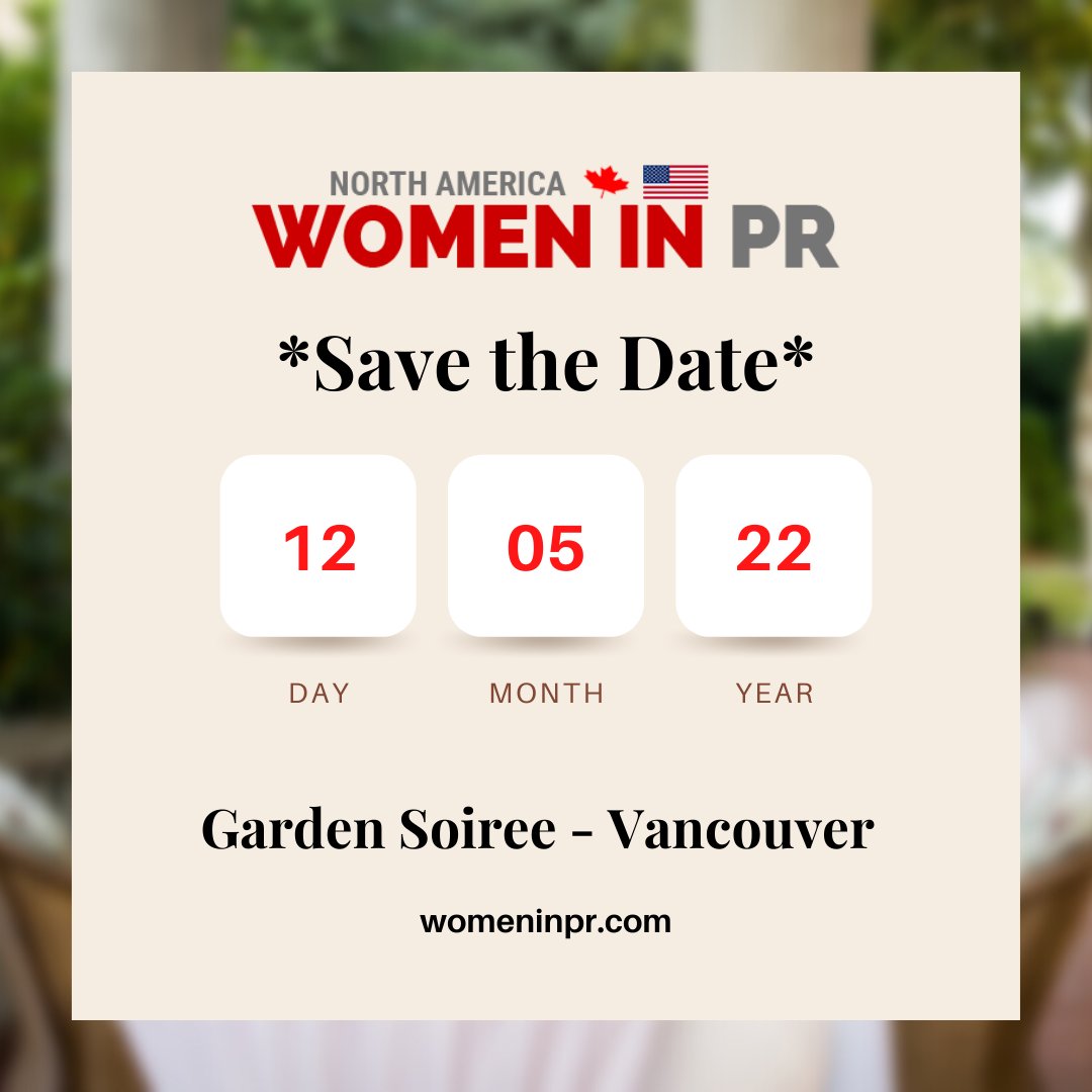 WomeninPRcanada's tweet photo. Join #WomeninPR North America at our annual in-person garden soiree at #Hycroft on May 12, 2022 at 5:00 p.m. in Vancouver, B.C.
Register here: https://t.co/1buaOcOOMX
#GardenParty #VancouverEvents #BusinessinVancouver #NetworkinginVancouver #YVRPR #PublicRelations #PRAgency https://t.co/knSl6VdI1L