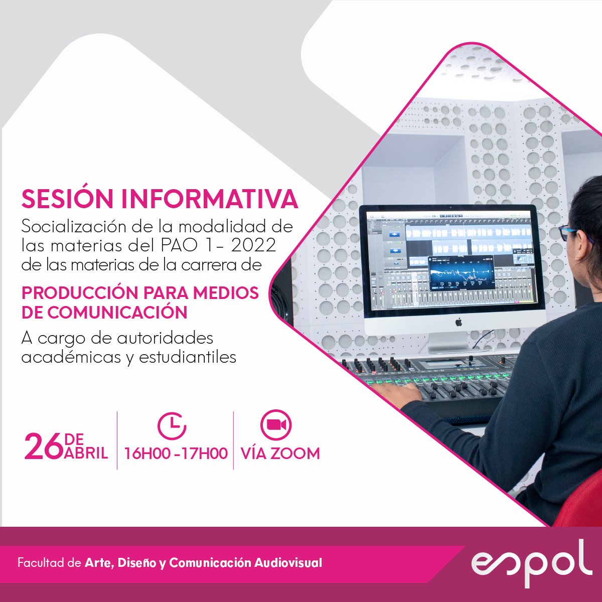 FadcomEspol's tweet photo. Invitamos a los estudiantes de #FADCOM a las sesiones informativas para conocer los lineamientos de la modalidad de las materias correspondientes al PAO I - 2022.
Revisa tu correo ESPOL, al cual enviaremos el link correspondiente de cada carrera.
¡Te esperamos! https://t.co/qq4otHICL7