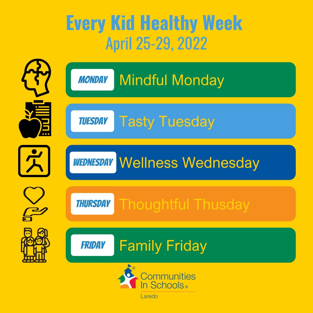 CIS_Laredo's tweet photo. To ensure parents and children are aware of the advantages of nutrition and wellness, Every Kid Healthy Week is celebrated every year. Here are some ideas to help you and your child celebrate the entire week!
#Everykidhealthweek #CISlaredo #healthkids #AllinforKids https://t.co/JloUeYG646