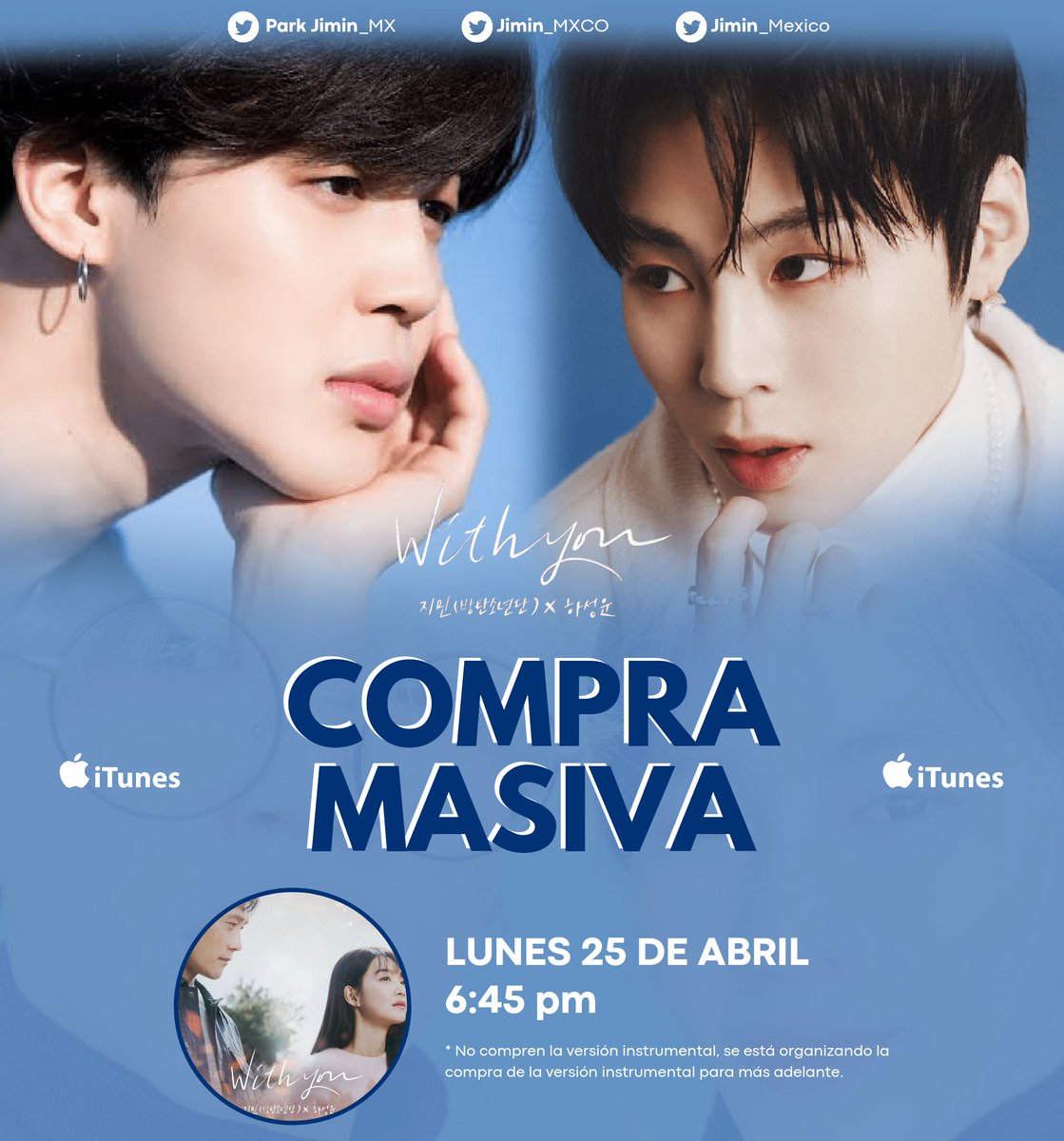 ✨With You JIMIN &amp; SUNGWOON ✨

¡¡ARMY!! 💙 Únete al segundo día de compra masiva para mantener ‘With You’ en el #1 de iTunes México 🇲🇽

📆HOY, LUNES 24 de Abril 
⏰6:45 PM

🔥 BUY WITH YOU 🔥

<a href="/ParkJimin_MX/">Park Jimin México 💛</a> <a href="/Jimin_Mexico/">JIMIN México</a> <a href="/Jimin_MXCO/">Jimin MXCO⁷ 🇲🇽 / (slow) Fan account</a>

#WithYou #JIMIN #BTS #HaSungwoon <a href="/BTS_twt/">방탄소년단</a>