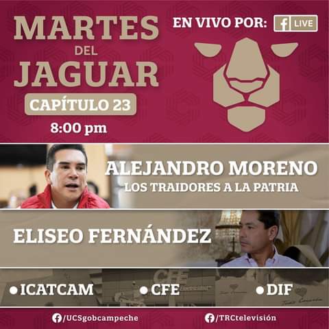 CampecheHOYmx's tweet photo. #Campeche | No te pierdes el día de mañana el "Martes del Jaguar" a las 20:00 hrs por facebook live.

@LaydaSansores  

#Capitulo23 #MartesdelJaguar https://t.co/6MOSdvsoYt
