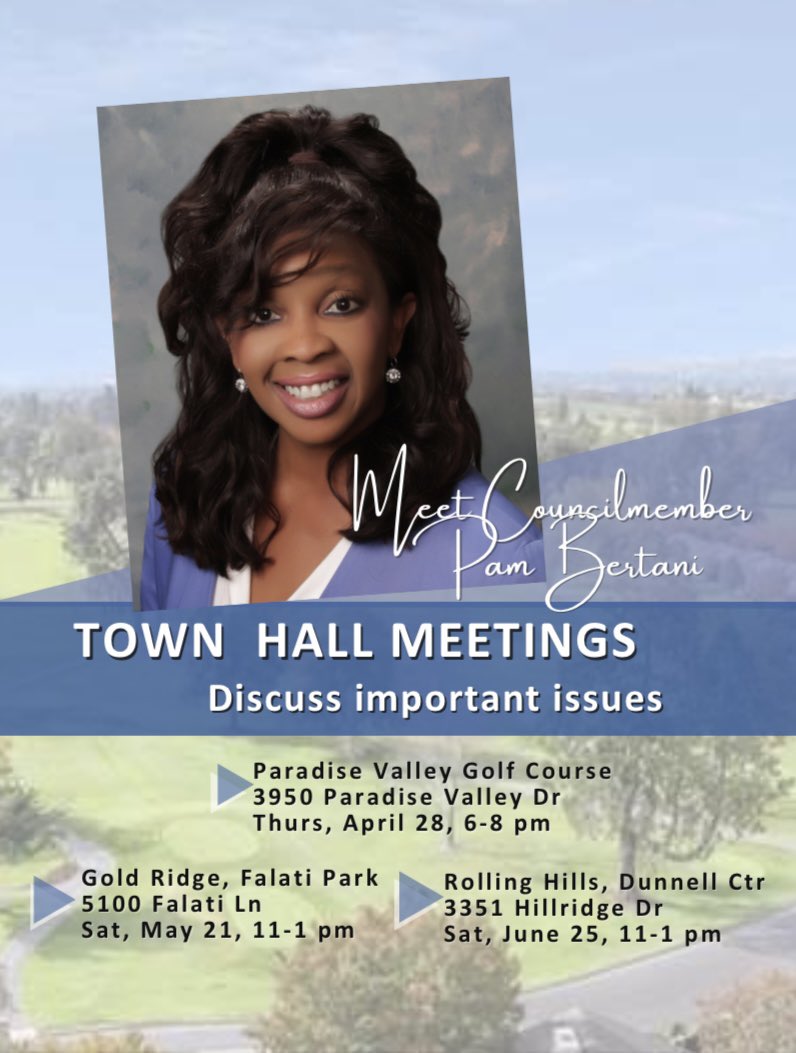PamBertani's tweet photo. Greetings District 6!
 
I will be holding a series of Town Hall Meetings in the coming weeks - to hear your voices on issues that matter to our community.  Our first meeting is this Thursday from 6pm to 8pm! The address is 3950 Paradise Valley Drive, Fairfield, CA, 94533. https://t.co/8lBRQZHvjC
