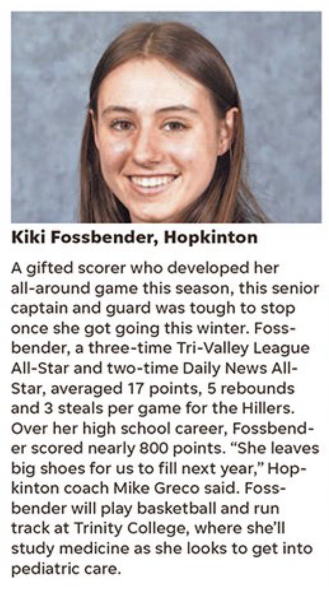 Congratulations to ⁦<a href="/KFossbender/">Kiki Fossbender</a>⁩ for being selected as a ⁦<a href="/MetroWestSports/">Daily News Sports</a>⁩ All Star!  Well deserved!  ⁦<a href="/HopkintonHS/">HopkintonHighSchool</a>⁩ ⁦<a href="/HillerAthletics/">Hopkinton Athletics</a>⁩ ⁦<a href="/hcamtv/">HCAM-TV</a>⁩