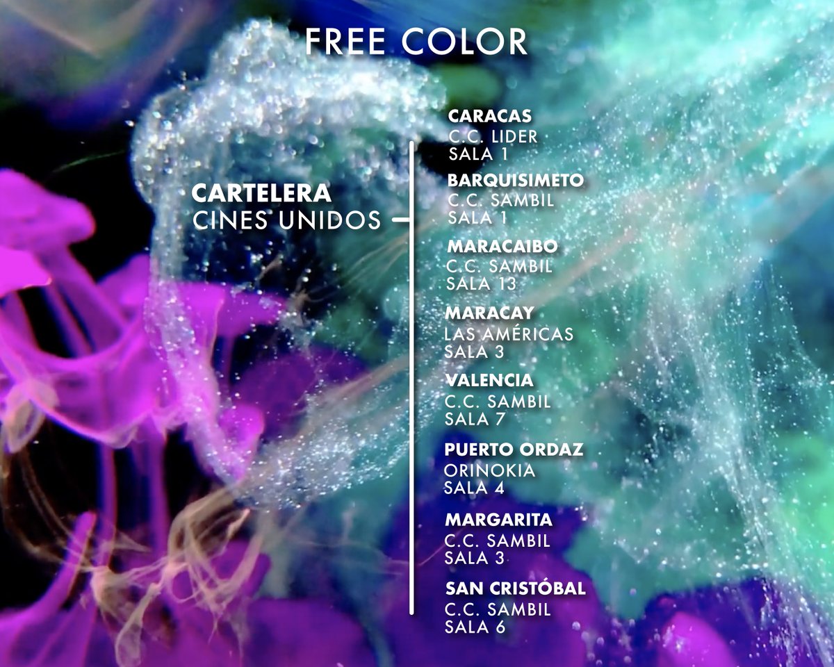 Freecolormovie's tweet photo. Lunes de efecto FREE COLOR.
Nos escriben para que publiquemos de nuevo nuestra programación y para que sumemos a Mérida, Valera, Barinas, Cumaná y Maturín a ella.
Liberemos el color por toda Venezuela.
#LiberaElColor. https://t.co/4hi7jZqxCo
