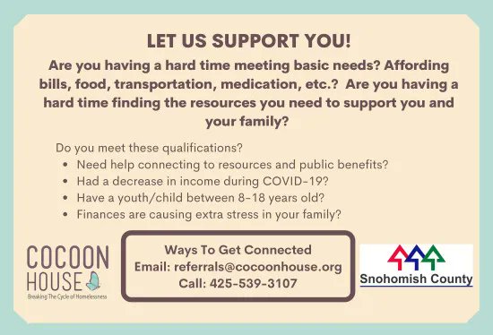 Need help with past due bills? <a href="/Cocoon_House/">Cocoon House</a> might be able to help, if you have at least one child at home aged 8-18 and are below 60% AMI. Email referrals@cocoonhouse.org for more information. cocoonhouse.org