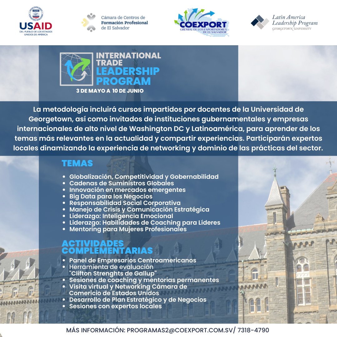 International Trade Leadership Program impartido por el Latin America Leadership Program de Georgetown University y certificado por la Escuela de Negocios McDonough.
<a href="/onumujeressv/">ONUMujeresElSalvador</a>  se alegra de la colaboraciónde dos de nuestras aliadas WEPs <a href="/COEXPORT/">COEXPORT El Salvador</a> y <a href="/caprosv/">CAPRO El Salvador</a>
Info +503 73184790