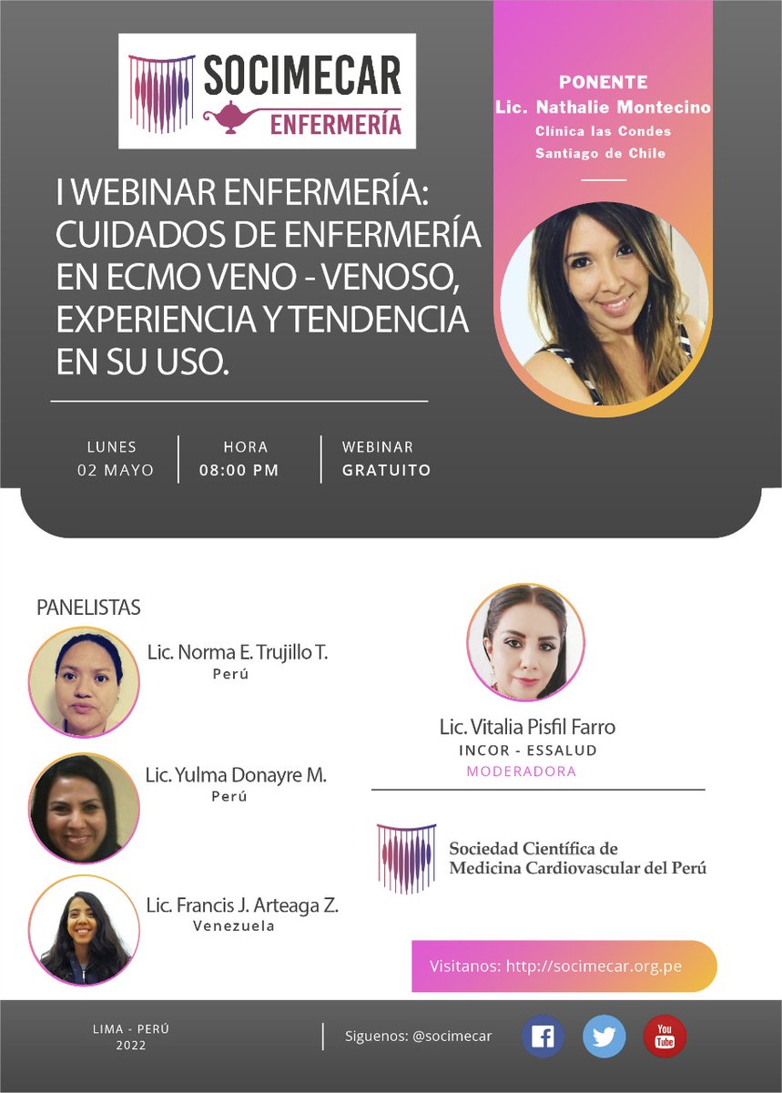socimecar's tweet photo. #Webinar SOCIMECAR Enfermería
Cuidados de enfermería en ECMO V-V
📆 Lunes 2 de mayo
⏰ 20:00 h (Perú)
No te lo pierdas
@vitafab229 @Janady1478 @manuelchacon202 https://t.co/RMGZcVtitv