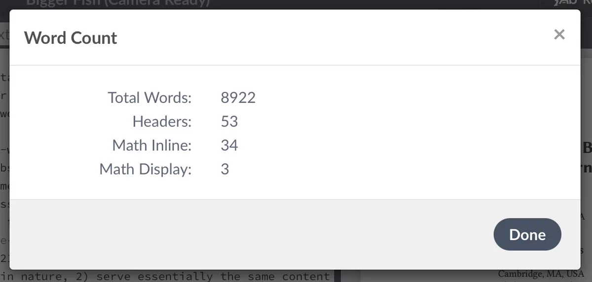 Overleaf popup showing my paper has 8922 words, 53 headers, 34 "math inline", and 3 "math display"
