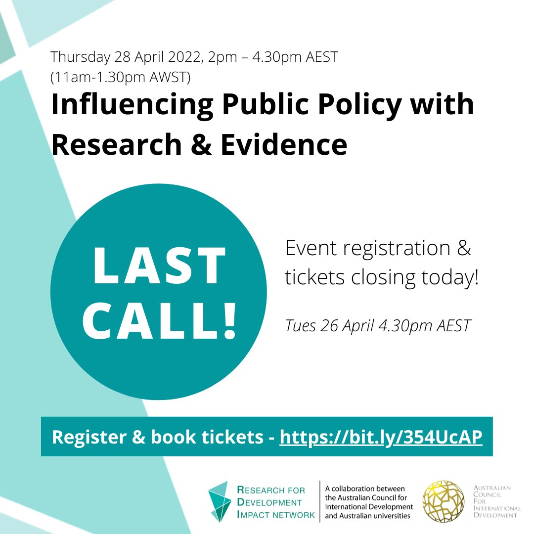 Last call to register your place for ACFID x RDI Network's upcoming event, 'Influencing Public Policy with Research &amp; Evidence'. Registration closes today (Tues 26 April) at 4.30pm AEST. See details and speakers &gt;&gt;&gt; bit.ly/354UcAP

#event #research #network