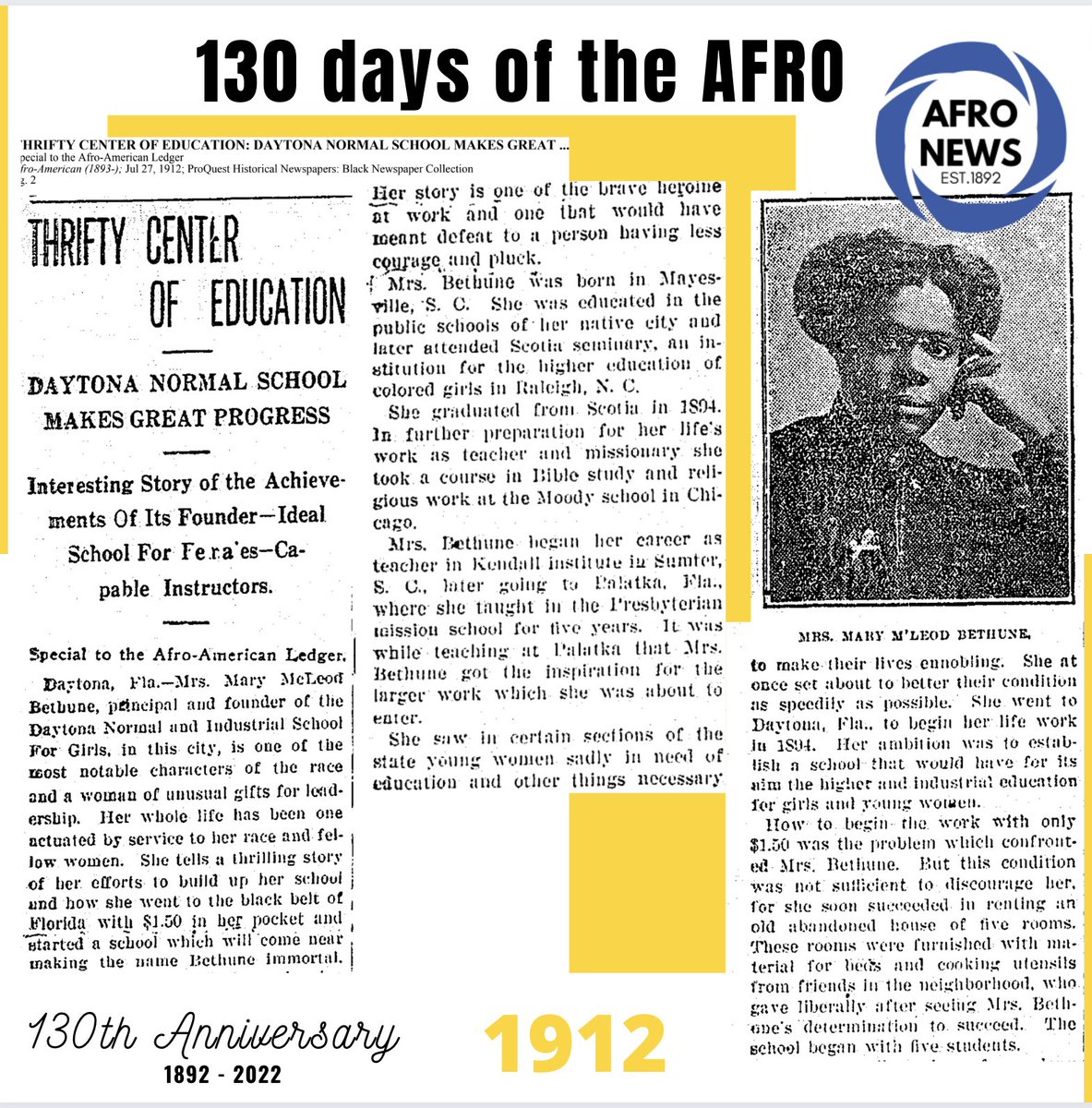 afronews's tweet photo. 130 Days of the AFRO

Mary McLeod Bethune established the Daytona Normal and Industrial School For Girls. The cost per student is $30 a year.
https://t.co/OotxxyadRM 

#afronews #130daysofAFRO https://t.co/Pbu7rLZxms