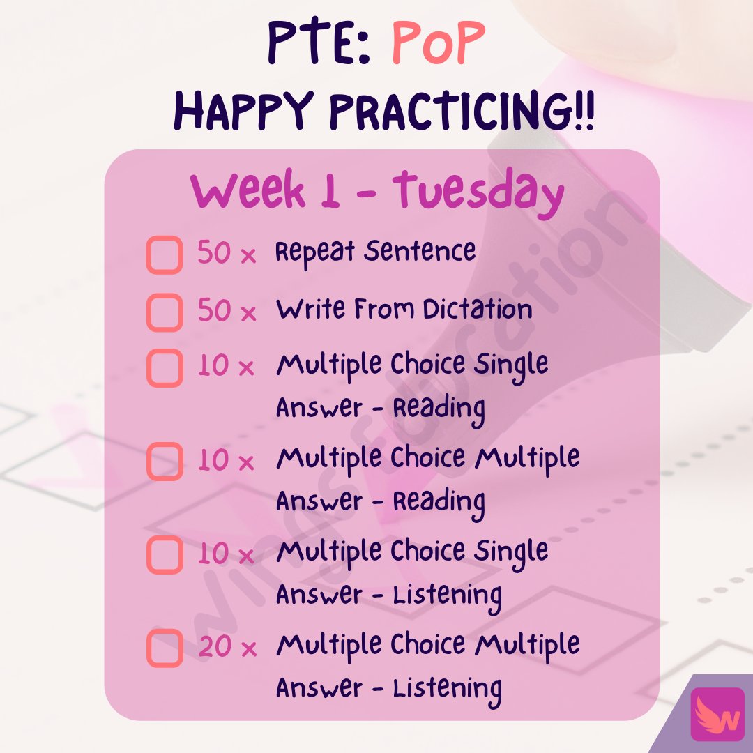 wingseduau's tweet photo. The PoP (Plan of Practice) for Tuesday of Week 1 is attached to this post. Make sure to follow along during your studies and check off when you have completed them! ✅ #planofpractice #ptestudy #pte #nursing #wingseducation https://t.co/MYTYqIGg4T