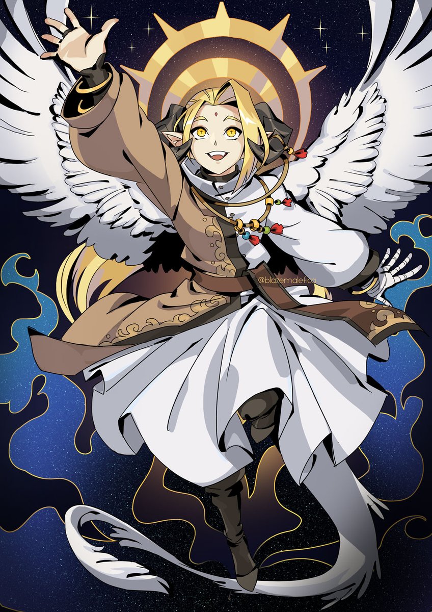 wings blonde hair yellow eyes solo horns long hair open mouth  illustration images